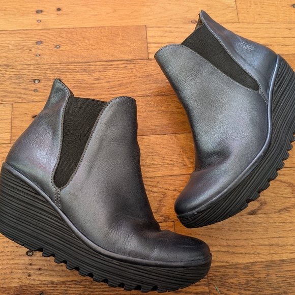 Fly London Silvery Blue Leather Ankle Wedge Boots - Picture 3 of 9